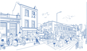 Drawing of a walkable neighbourhood featuring gentle density