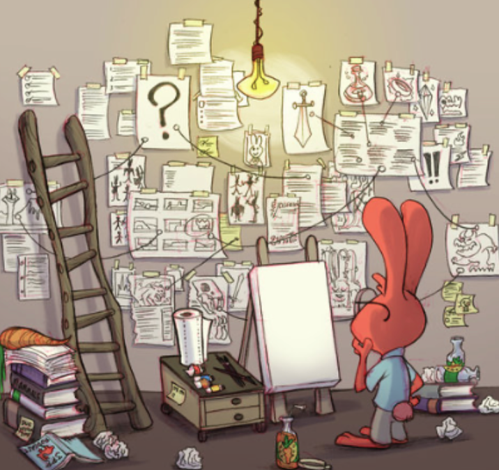 cartoon rabbit standing in front of wall covered in pieces of paper and string. A ladder and books also appear.